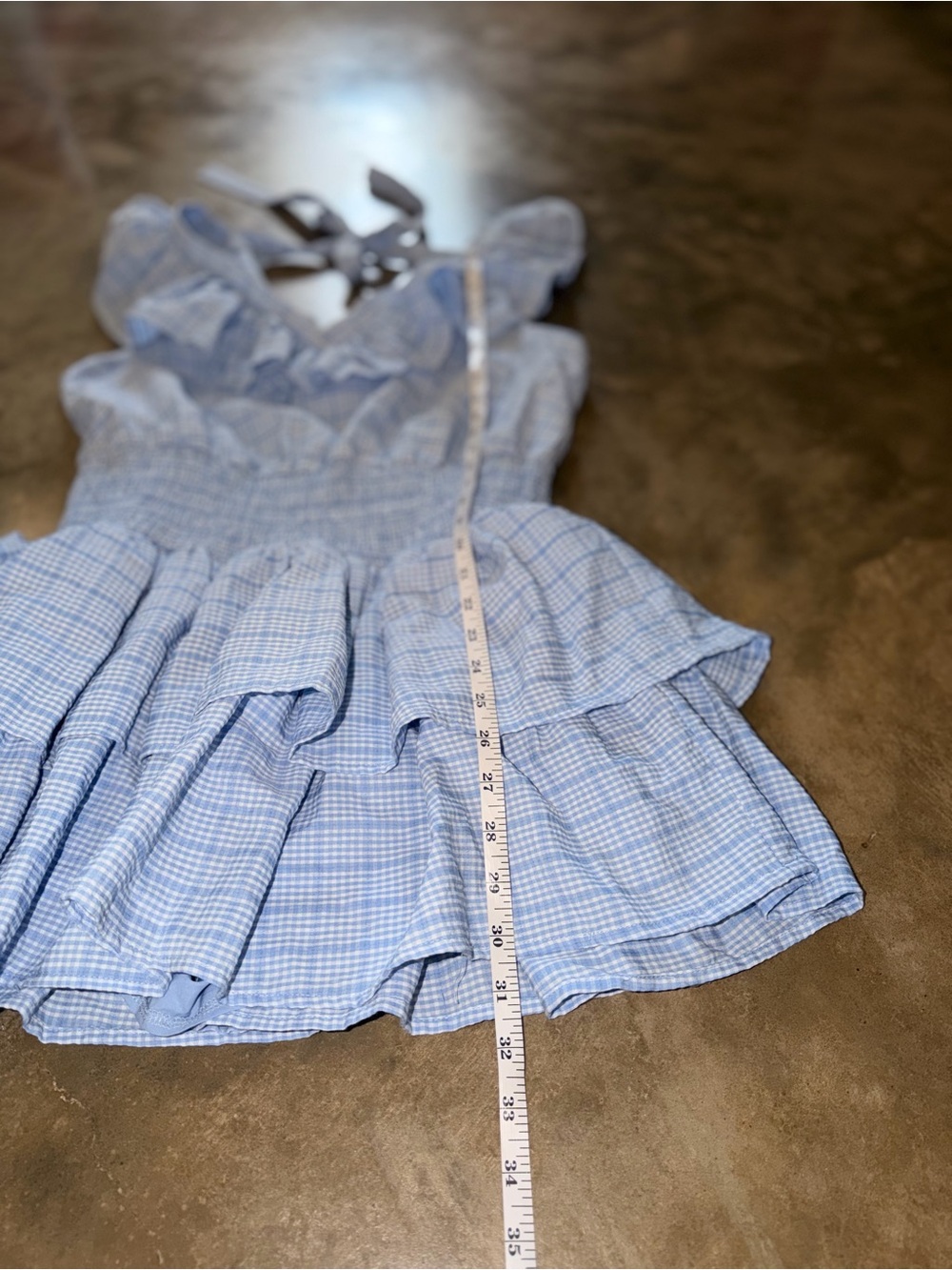 Day + Moon Blue Gingham Ruffle Romper Dress Style Smocked Tie Back Size L - Picture 8 of 10